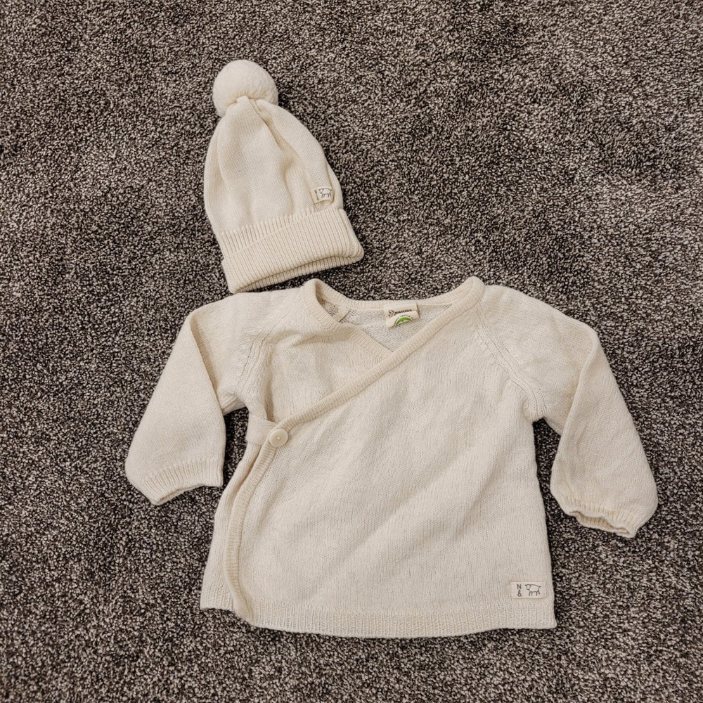 Baby Organic Merino New Zealand Wool Sweater and Hat Set Cream 6-12 Months
